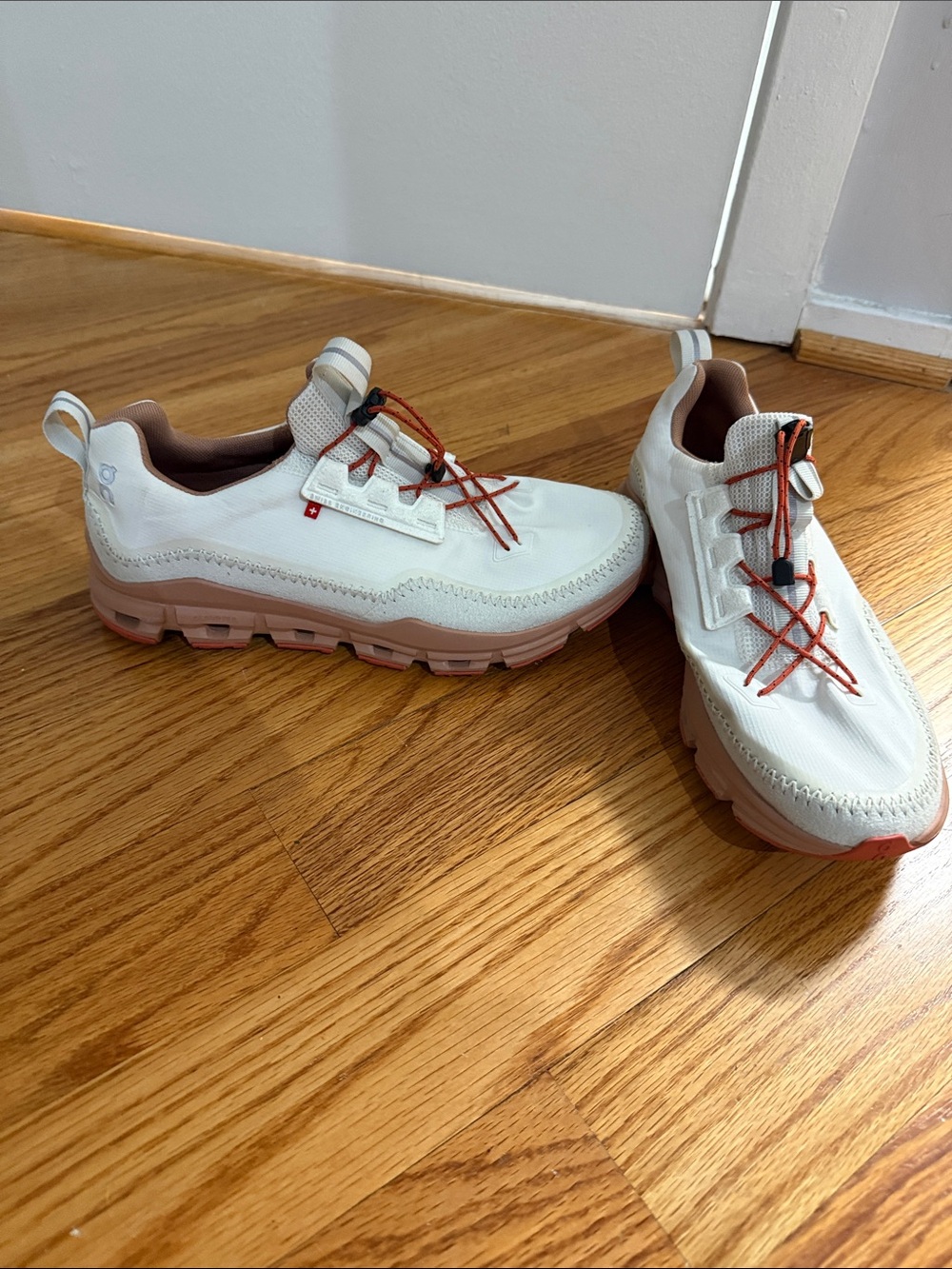 Women’s White Trail Sneaker with Pink-Tan Sole and Orange Laces
